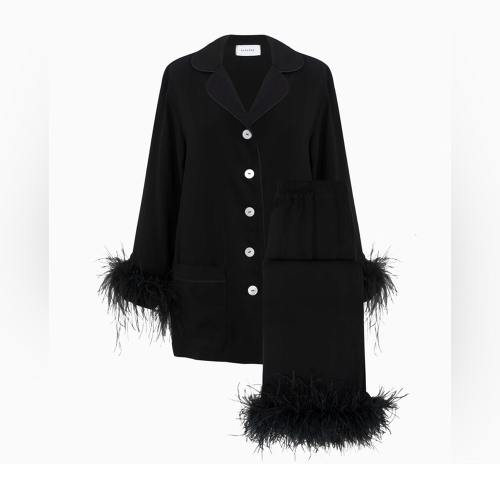 Black Tie Cropped Feather-Trim Pajama Set